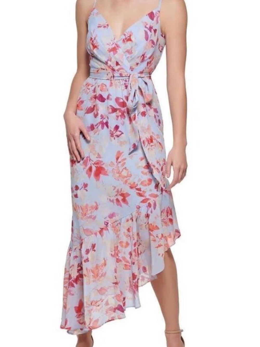 Eliza J v-neck floral ruffle hem maxi, belt in blue moon size 16 womens